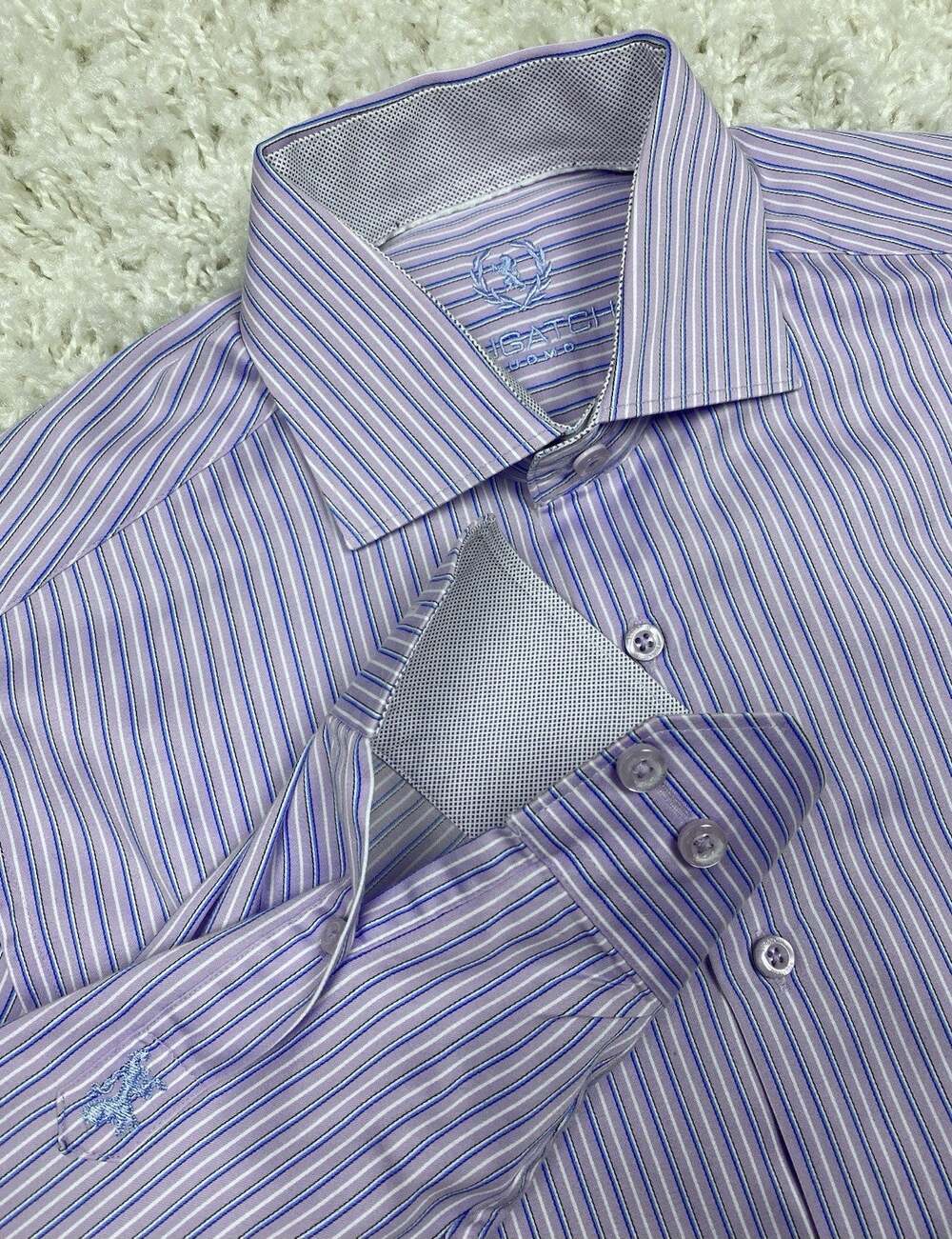 Bugatchi Uomo Button Up Shirt Mens Large Purple Blue Stripe Flip Cuff Cotton